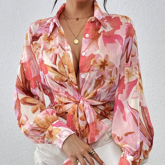 Baby Pink Boho Women's Floral Lantern Long Sleeve Shirt - Picture 1 of 6